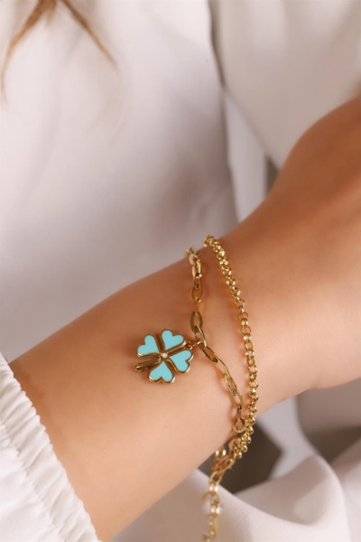 14 Ayar Altın Yonca Çift Zincirli Bileklik için detayları göster 14 Ayar Altın Yonca Çift Zincirli Bileklik resmi