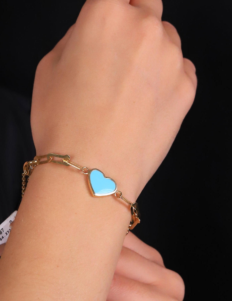 14 Ayar Altın Mavi Mineli Kalp bileklik resmi