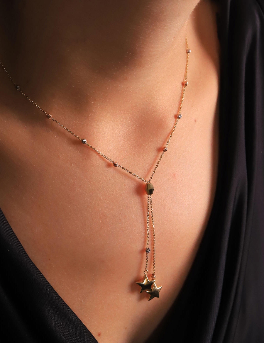 14 Ayar Altın Çift Zincir Sallantılı Kolye resmi