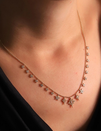 14 Ayar Altın Yıldız Sallantılı Taşlı Kolye resmi