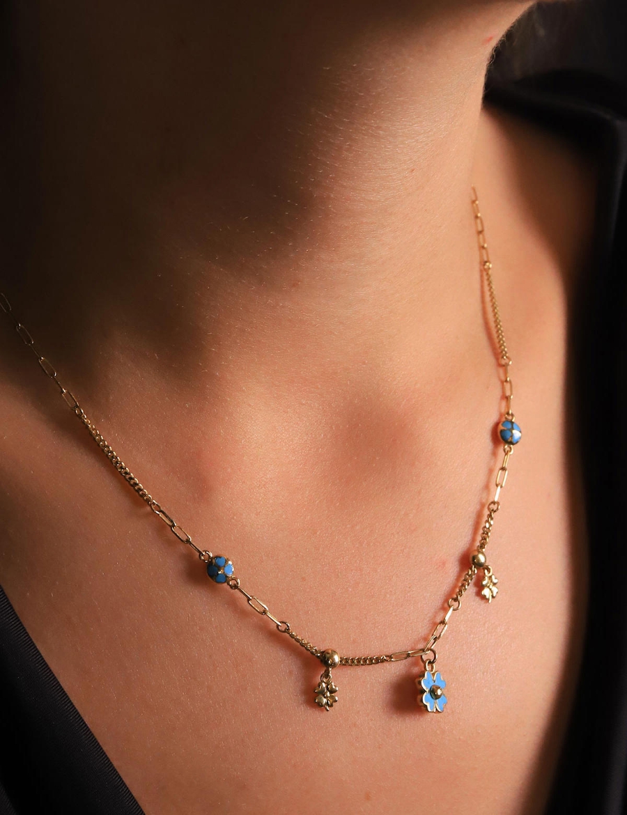 14 Ayar Altın Mavi Mineli İtalyan Yonca Kolye resmi