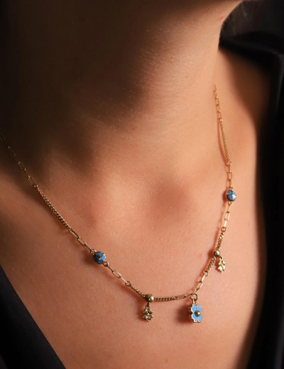 14 Ayar Altın Mavi Mineli İtalyan Yonca Kolye resmi