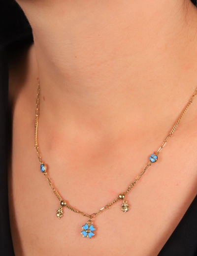 14 Ayar Altın Mavi Mineli İtalyan Yonca Kolye resmi