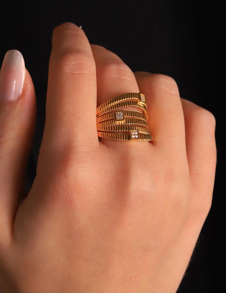 22 Ayar Altın Özel Kalem 6 Sıra Tasarım Yüzük resmi