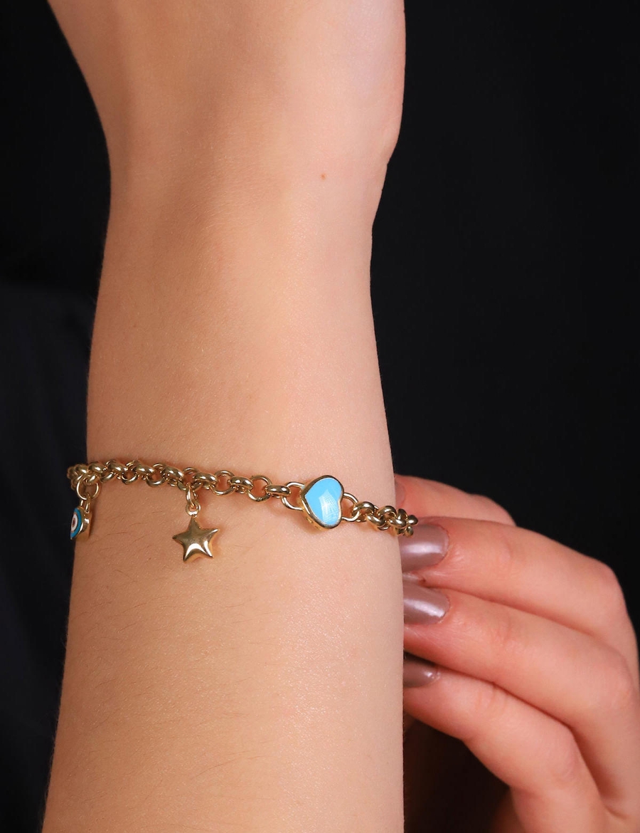 14 Ayar Altın Charm Tasarım Turkuaz Kalpli Bileklik resmi