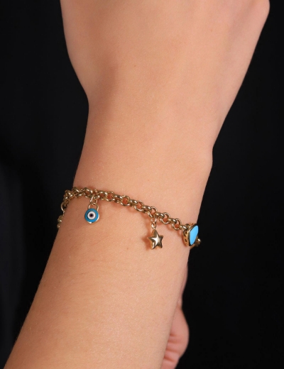 14 Ayar Altın Charm Tasarım Turkuaz Kalpli Bileklik resmi