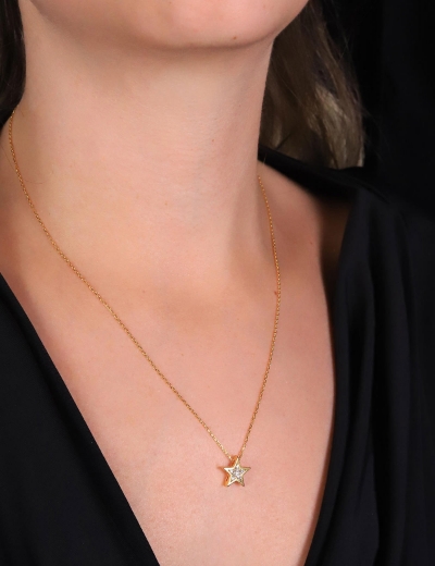 22 Ayar Altın Taşlı Yıldız Minimal Kolye resmi
