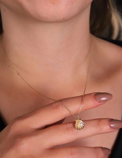 14 Ayar Altın İncili İstiridye kolye resmi