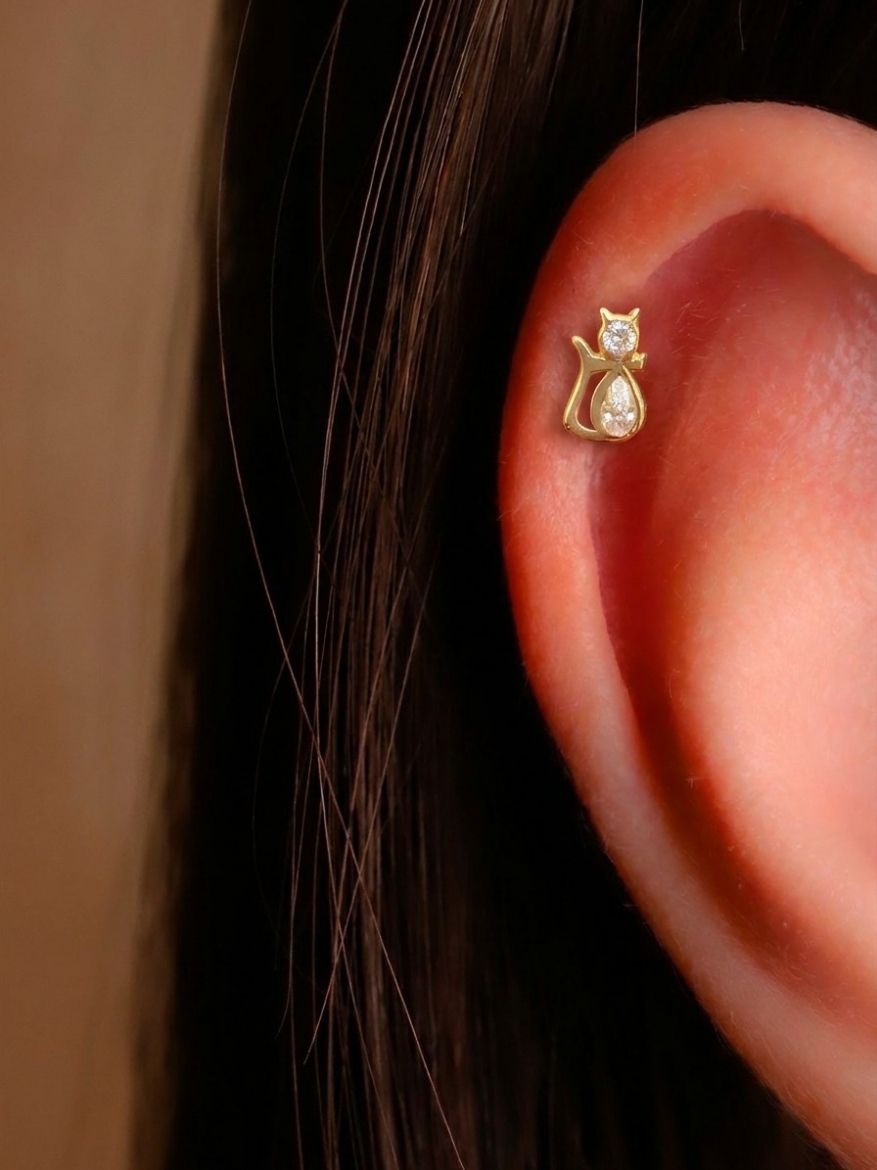 14 Ayar Altın Kedi Tasarım Taşlı Tragus resmi