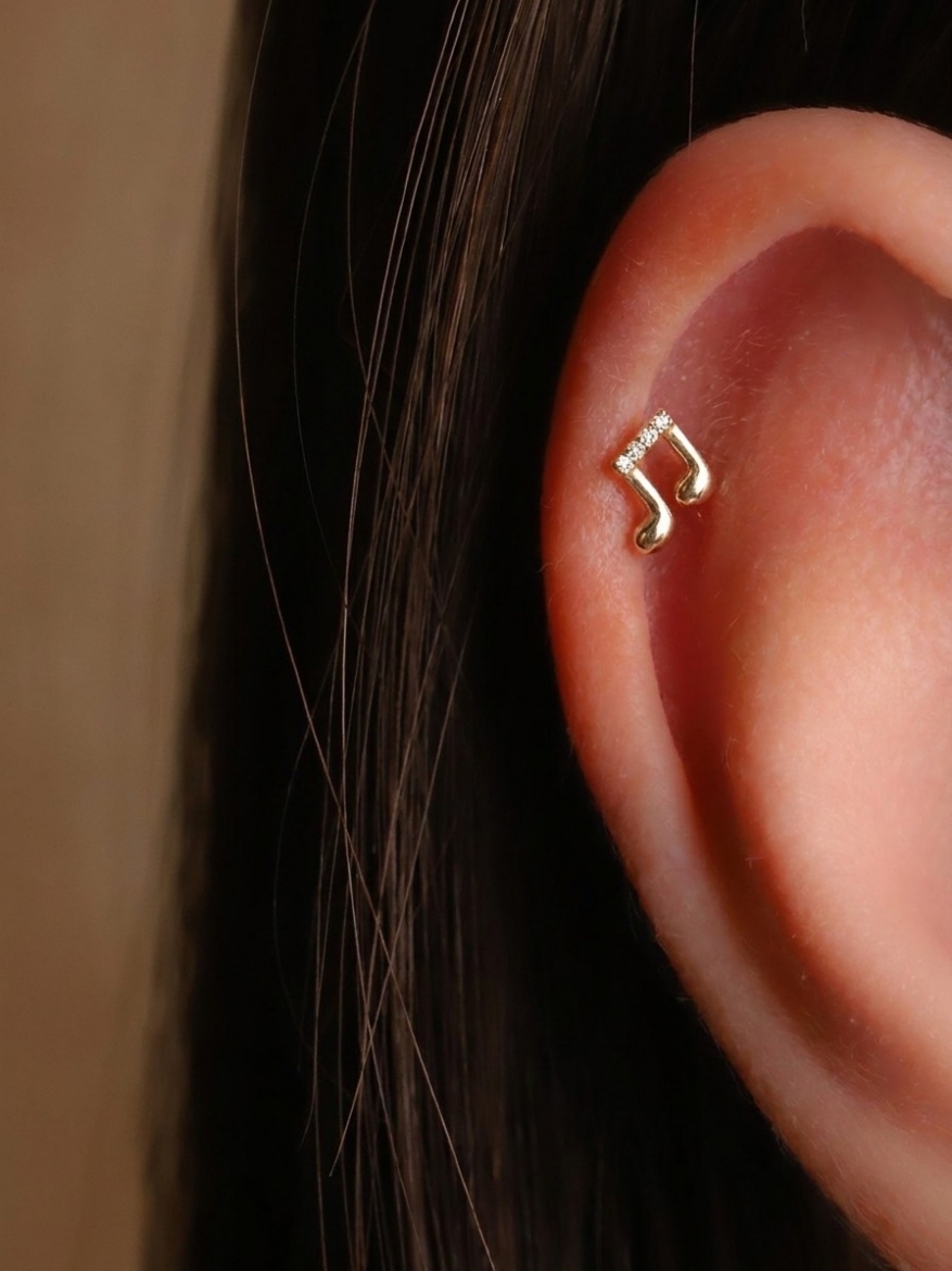 14 Ayar Altın Nota Tasarım Taşlı Tragus