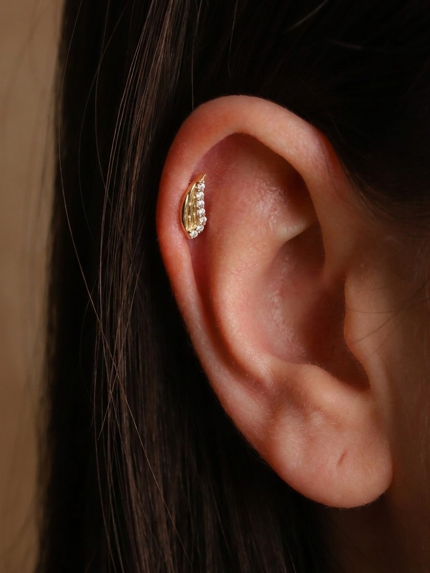 14 Ayar Altın Özel Kanat Tasarım Taşlı Tragus